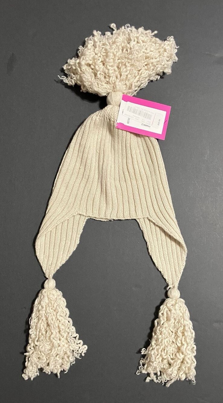 Vtg Womens Betsey Johnson Ribbed Knit Earflap Beanie Hat Curly Tassels Cream